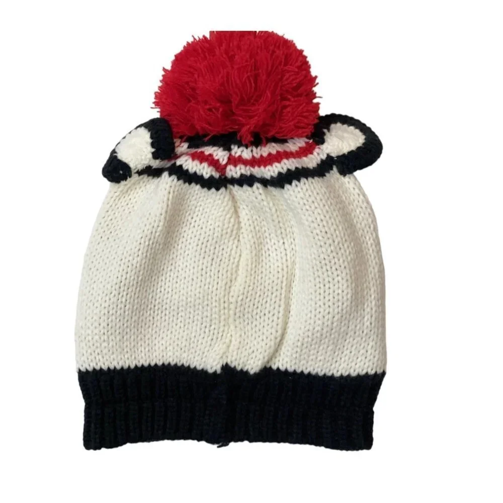 PANDA Winter Hat Toboggan Child's Size 2T—5T White Black Red Pompom Fleece Lined